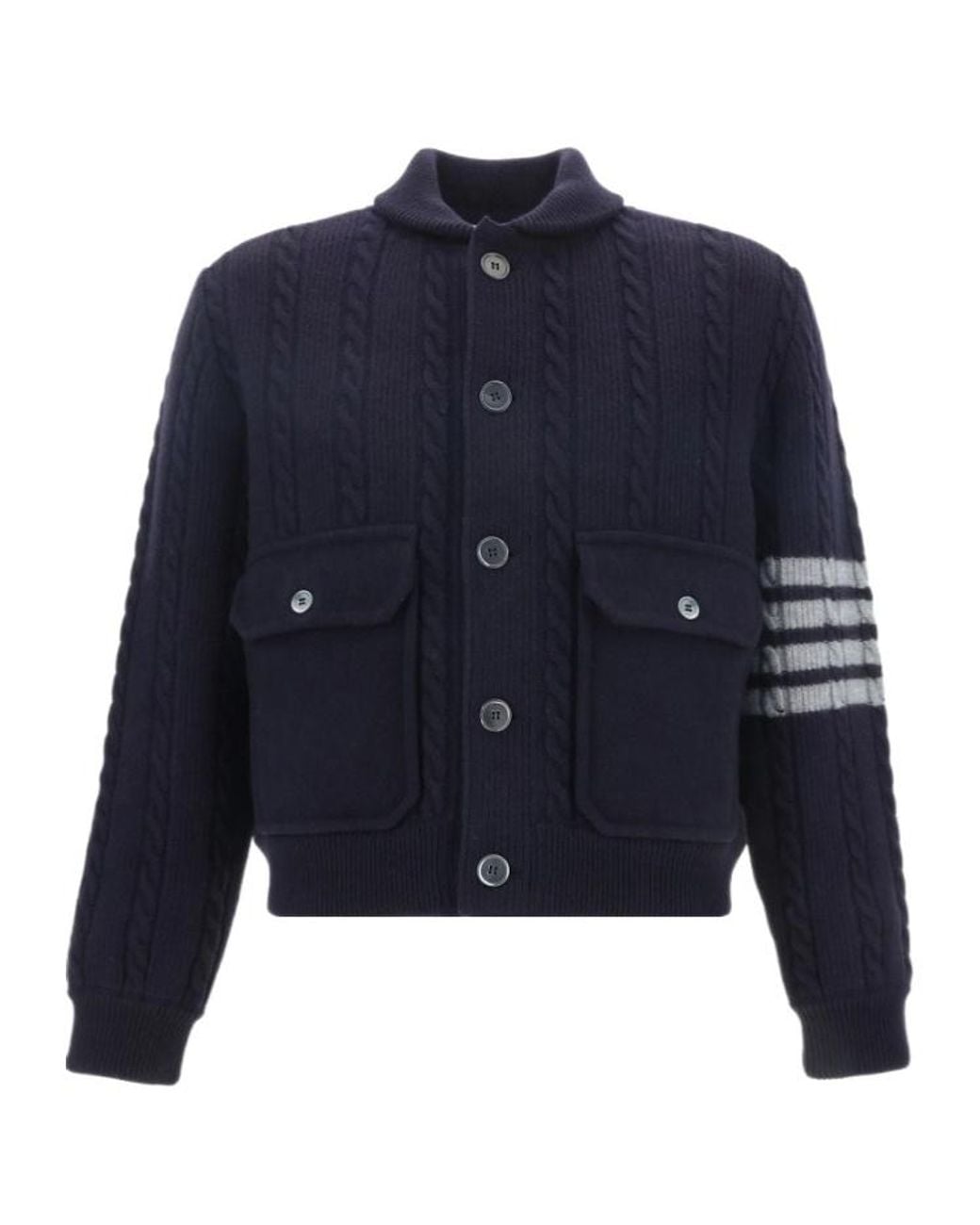 Thom Browne Blue Bar Stripe Cable-Knit Bomber Jacket for men