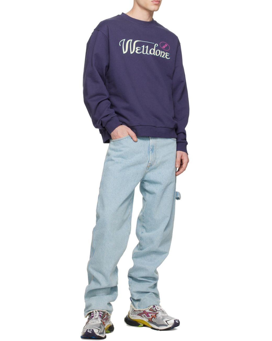 we11done Blue Logo-Print Cotton Sweatshirt for men