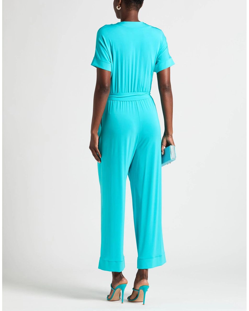 Max Mara Blue Solid V-Neck Short-Sleeve Jumpsuit