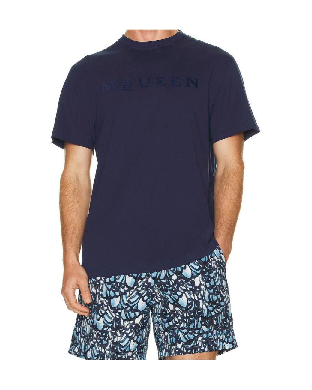 McQueen Blue Flocked-Logo Crewneck T-Shirt for men