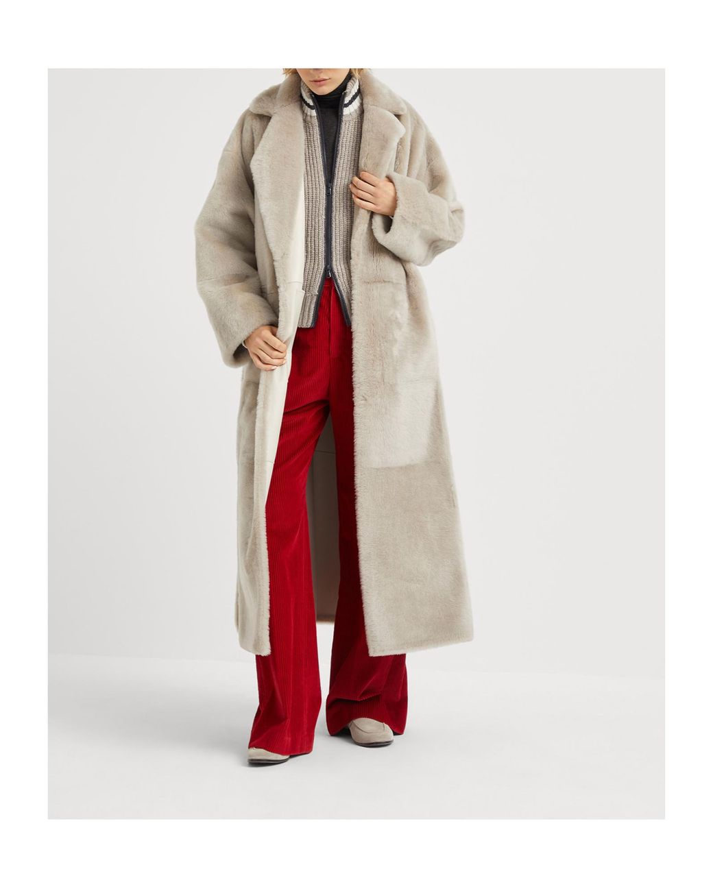 Brunello Cucinelli Natural Shiny Detailed Reversible Shearling Coat