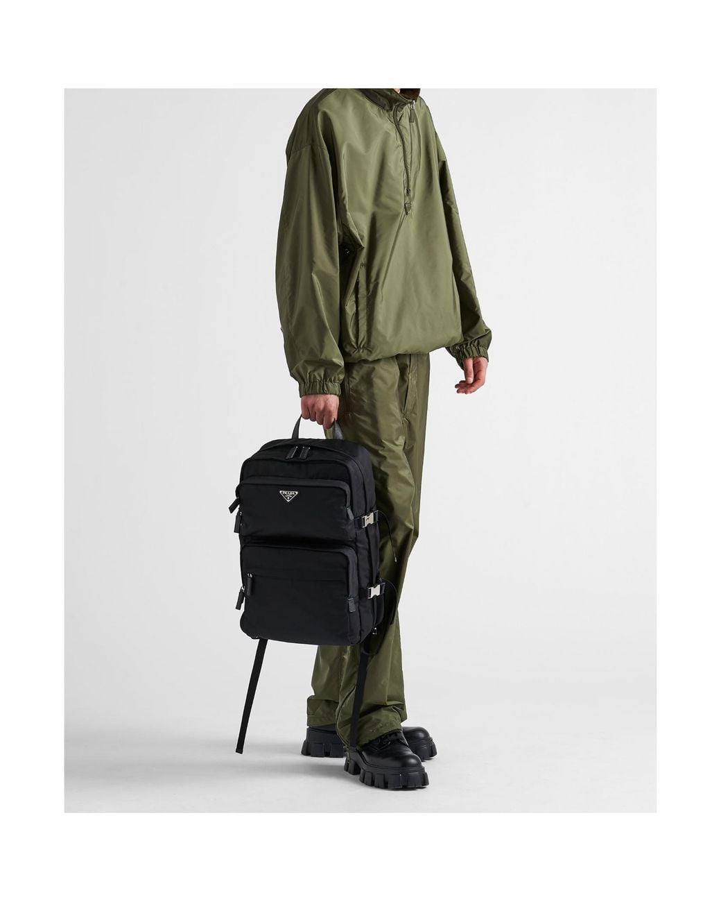 Prada Black Logo Plaque Zipped Backpack for men