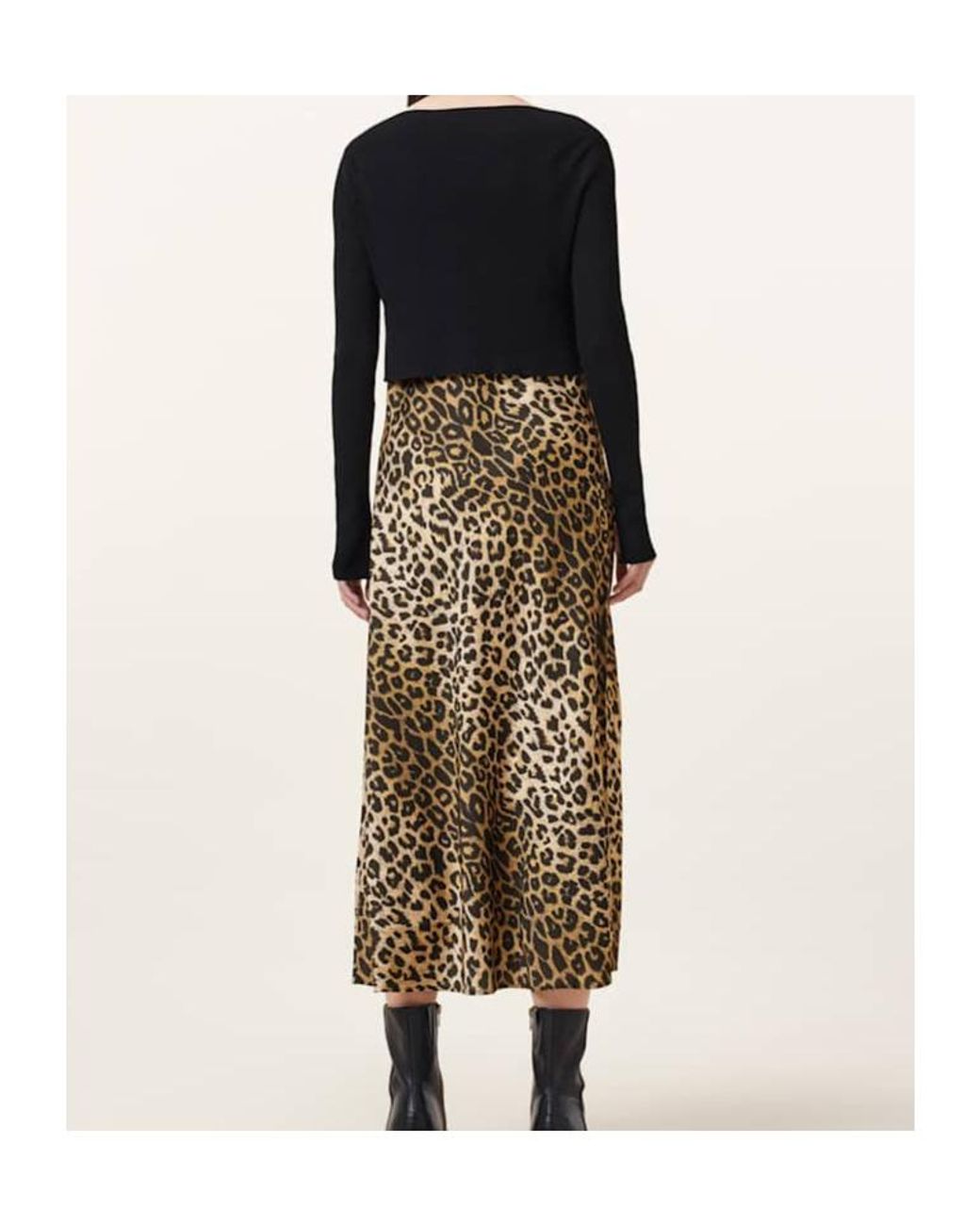 AllSaints Black Leopard Printed Off-Shoulder Dress