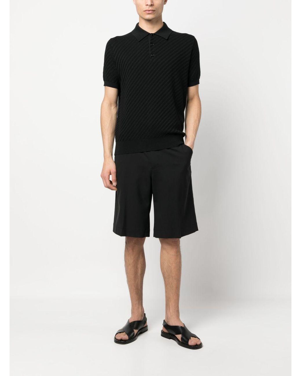 Brioni Black Woven Pattern Knitted Polo Shirt for men