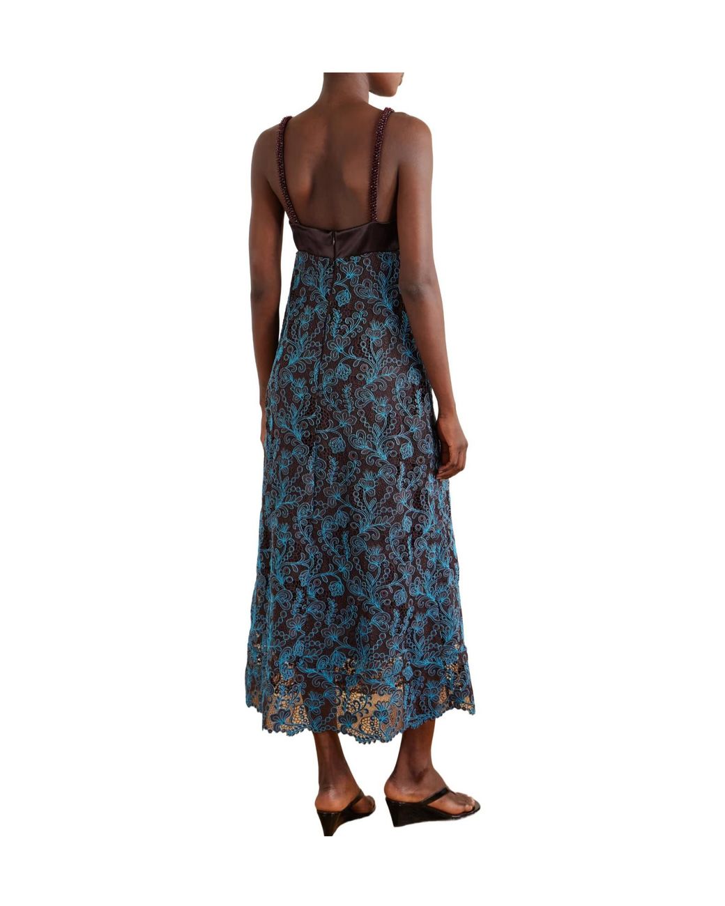 ALÉMAIS Blue Bead-Embellished Satin-Trimmed Guipure Lace Midi Dress