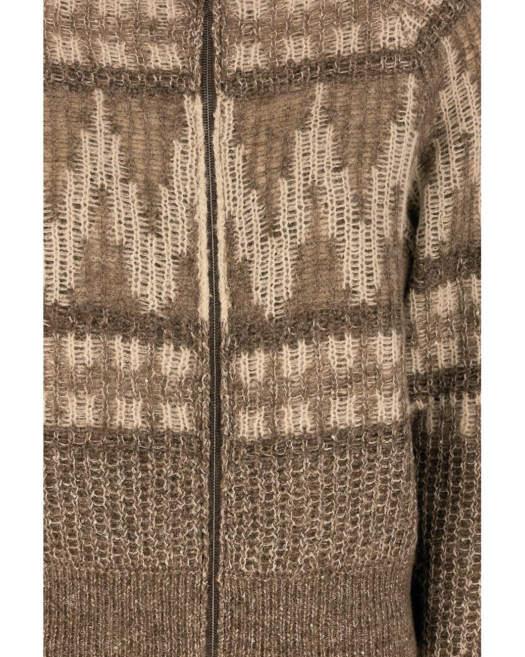 Peserico Brown Full Zip Stand Collar Patterned Knit Jacket