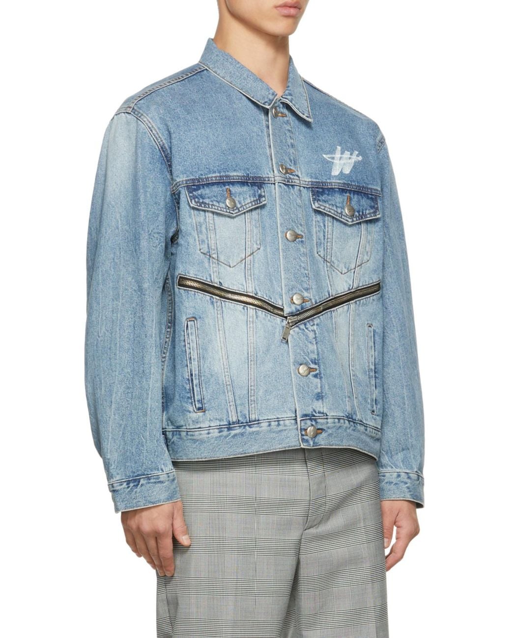 we11done Blue Logo-Print Zip-Detail Denim Jacket for men
