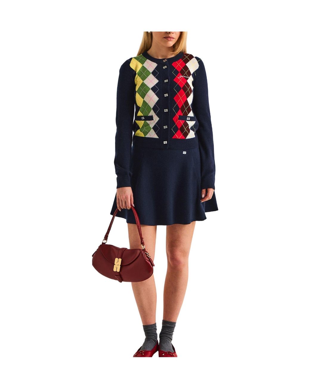 Ganni Black Argyle Knit Cardigan