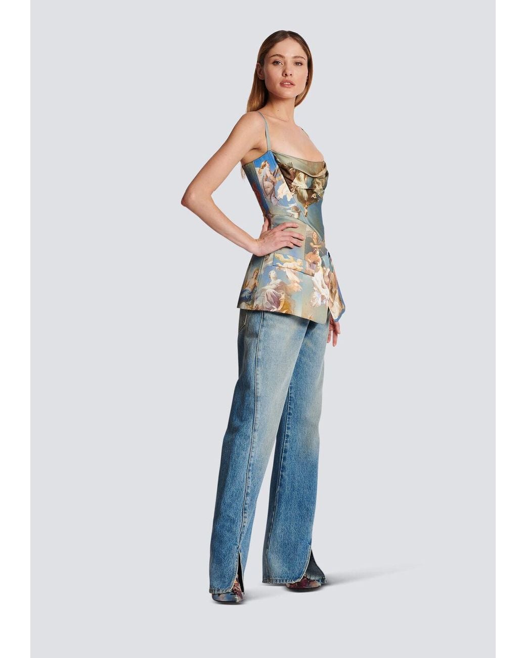 Balmain Blue Sky Printed Satin Corset Top