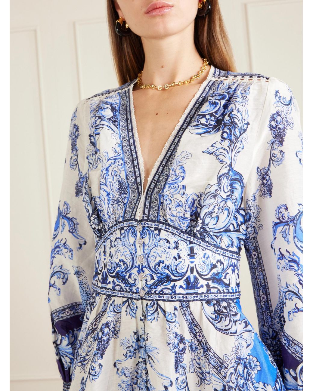 Camilla Blue Crystal-Embellished Printed Linen And Silk-Blend Maxi Dress
