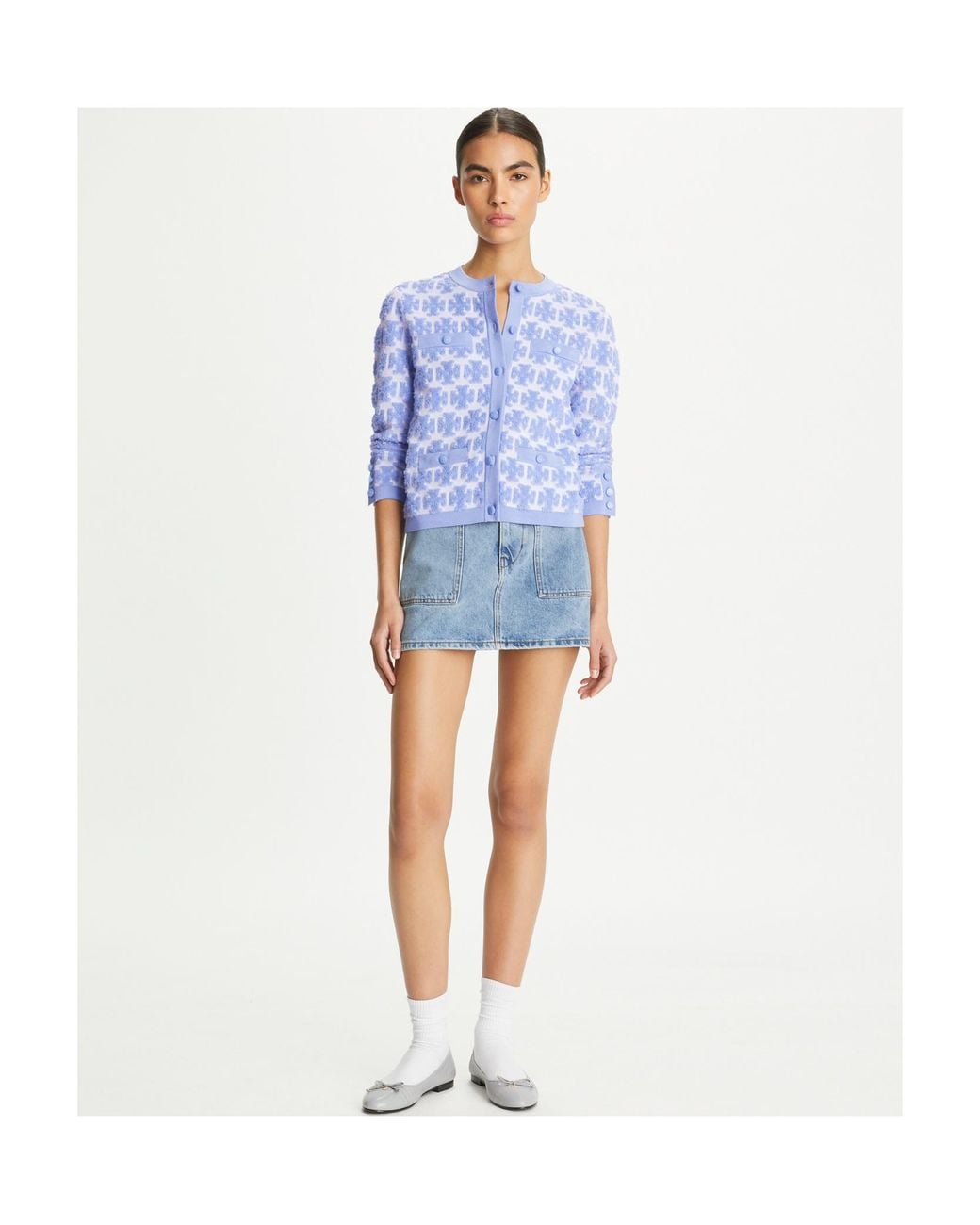 Tory Burch Blue Double T-Monogram Bouclé Cardigan
