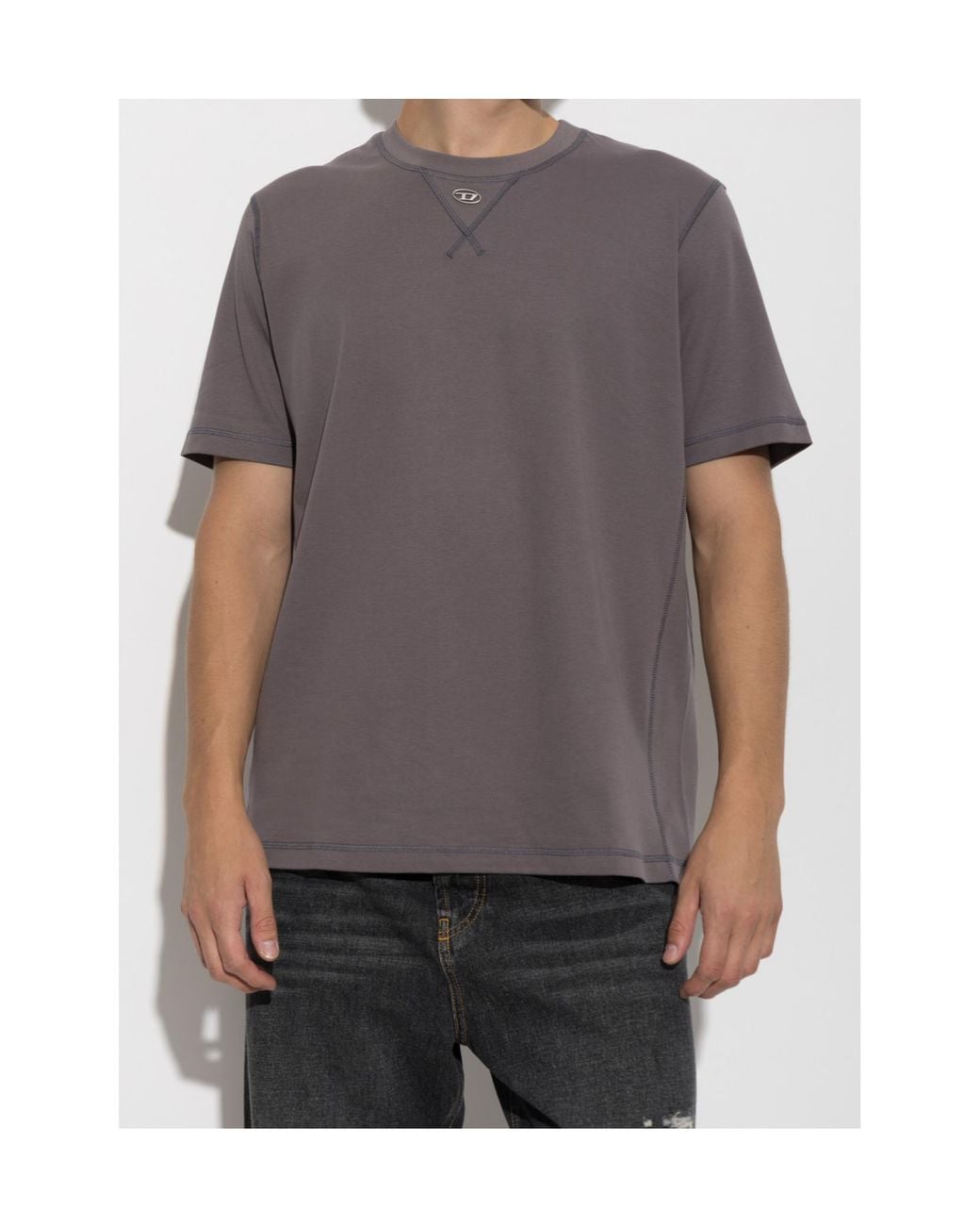 DIESEL Gray Logo-Plaque Topstitched T-Shirt for men