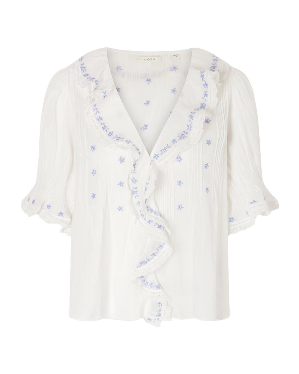 Doen White Hettie Ruffled Floral-Embroidered Blouse