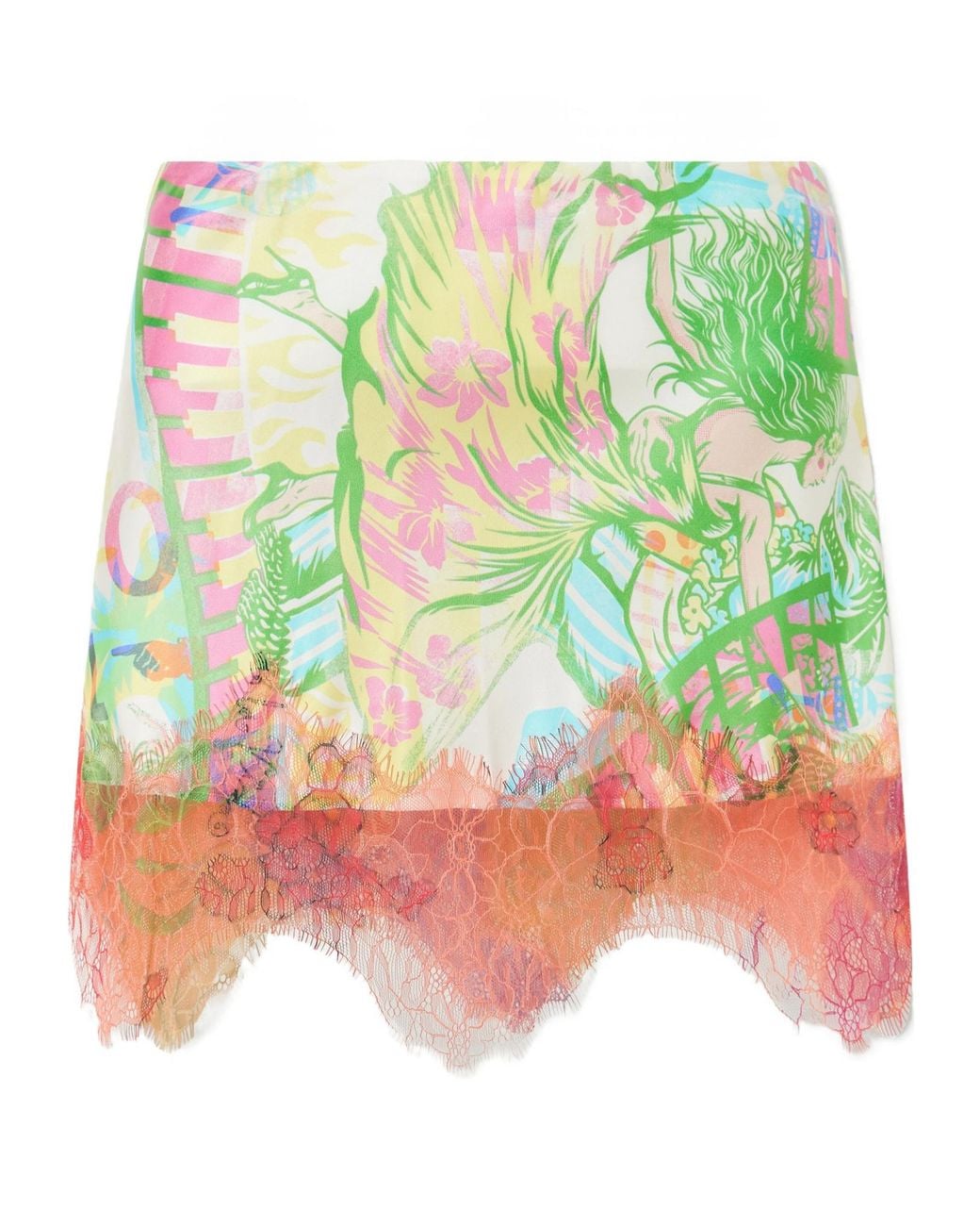 Donde Esteban Green Lace-Trimmed Printed Satin Mini Skirt