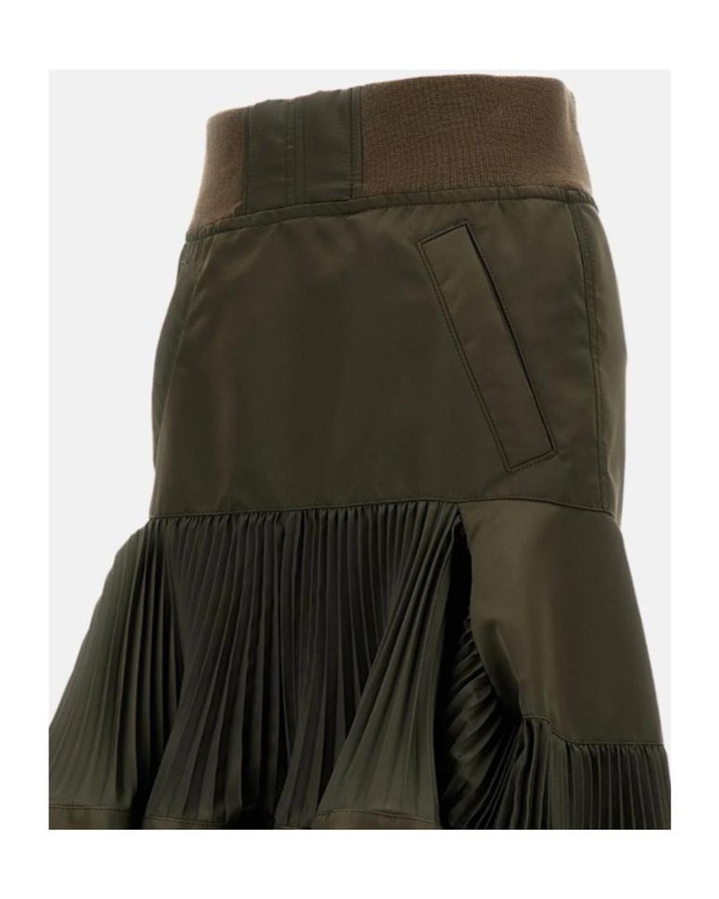 Sacai Green Pleated Panelled Maxi Skirt