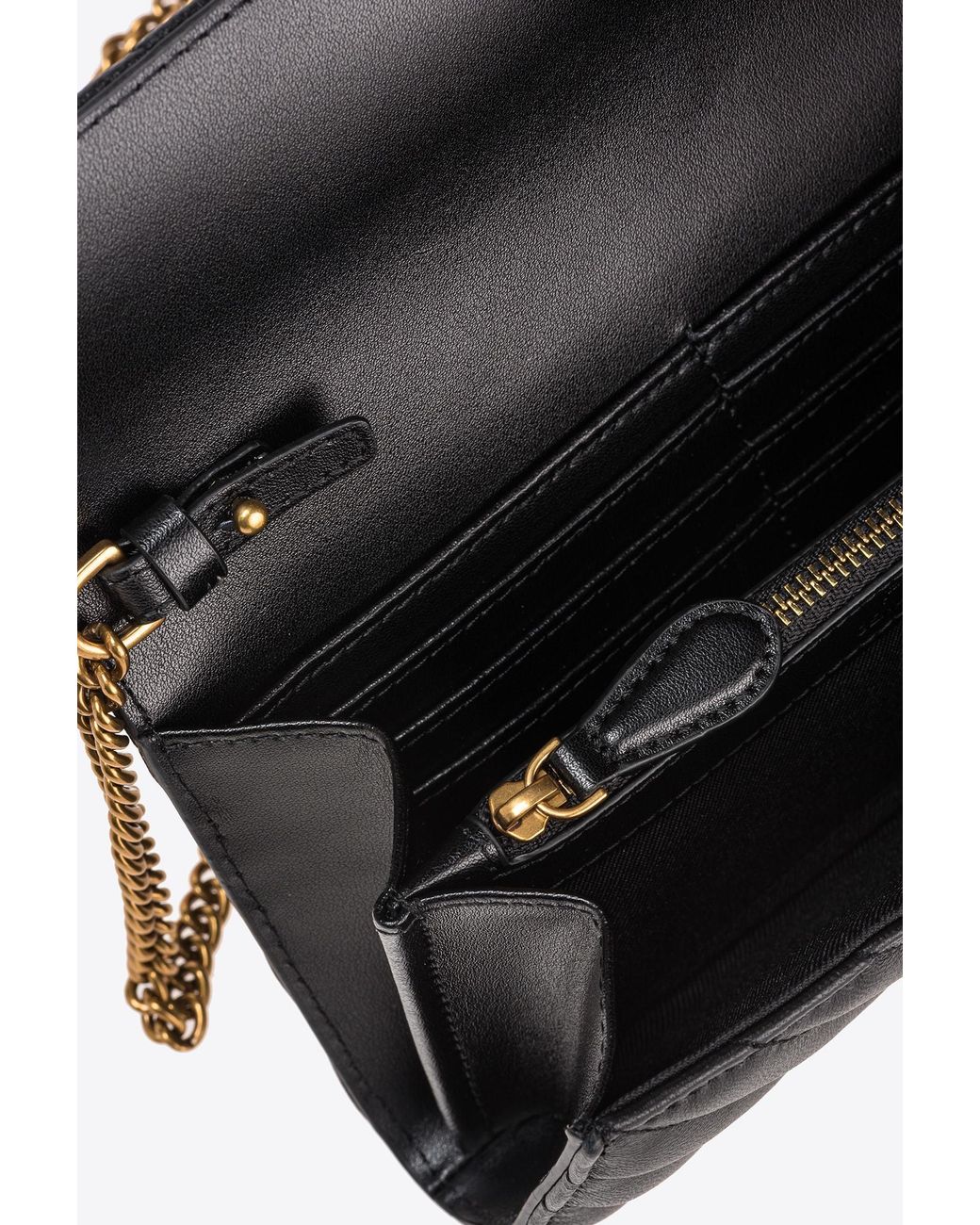 Pinko Black Logo Plaque Chain-Linked Quilted Shoulder Bag