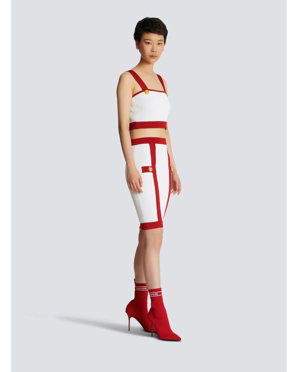 Balmain Red Knit Crop Top With-Tone Buttons