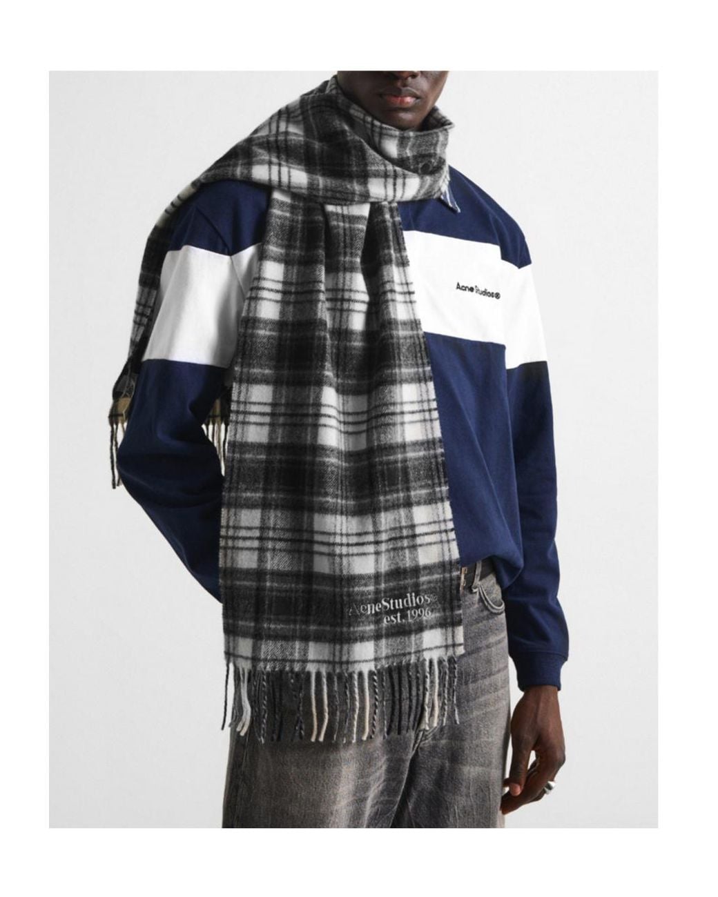 Acne White Checkered Fringe Scarf for men