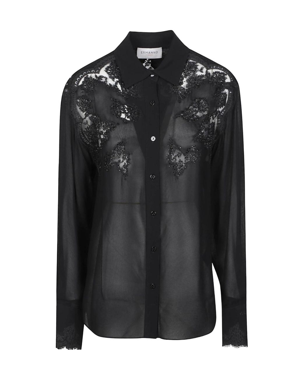 ERMANNO FIRENZE Black Sheer Long-Sleeve Collared Shirt