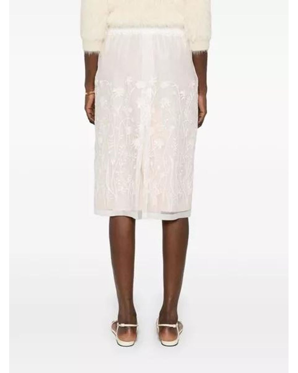 P.A.R.O.S.H. White Floral-Embroidered Midi Skirt