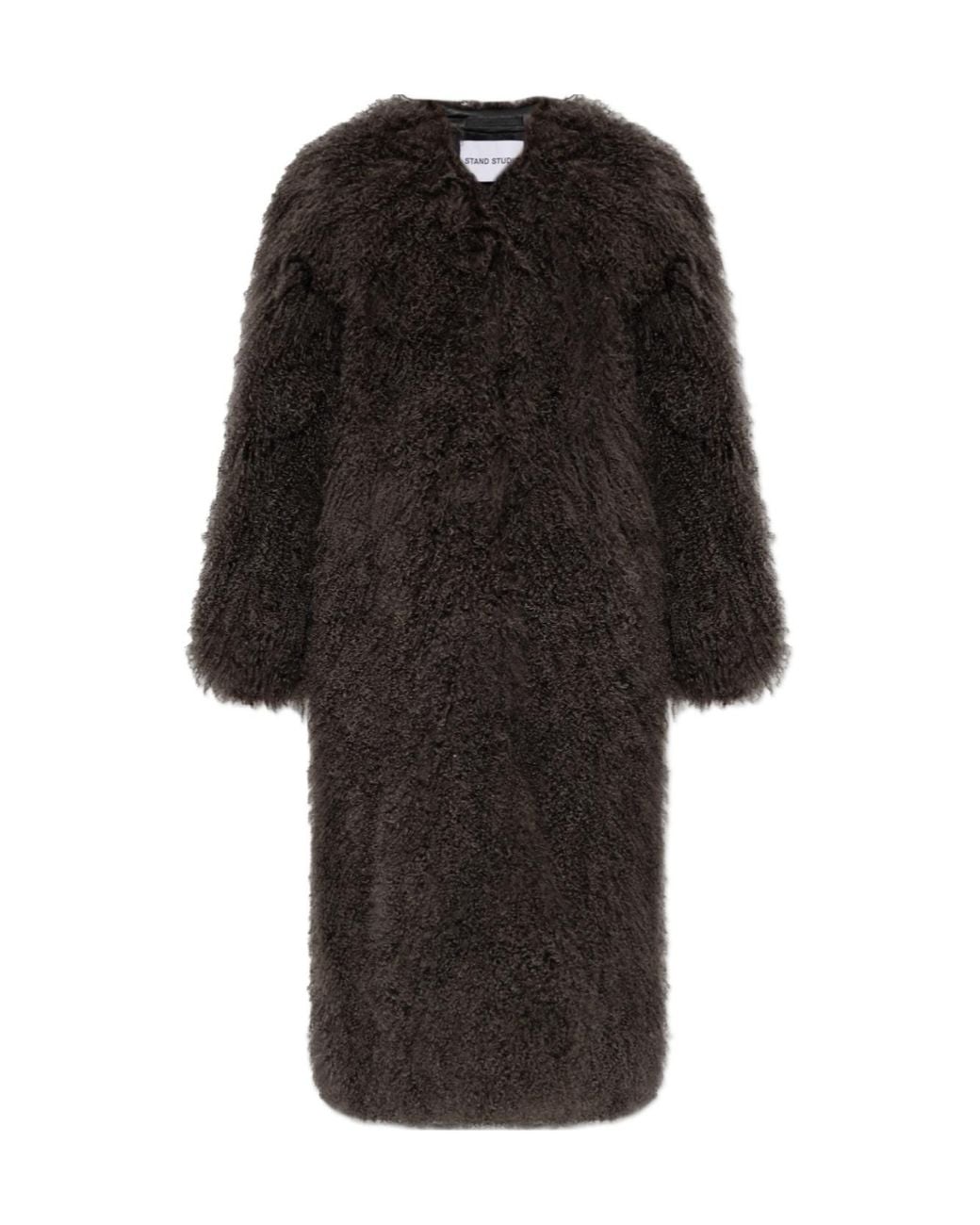 Stand Studio Black Crew Neck Sheepskin Coat