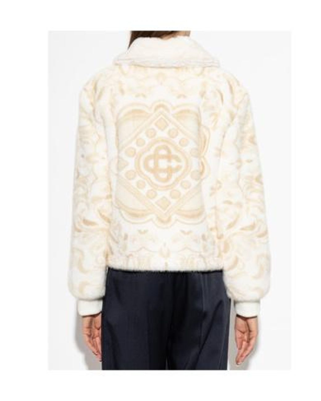 Casablanca Natural Ornate Faux Fur Zip Bomber Jacket