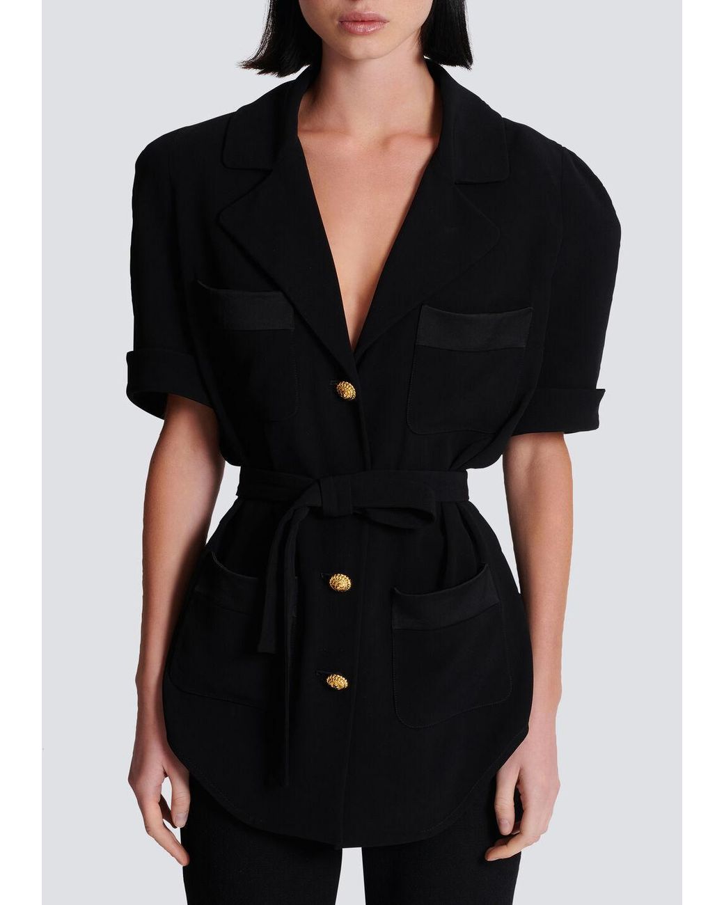 Balmain Black Crepe Belted Shirt