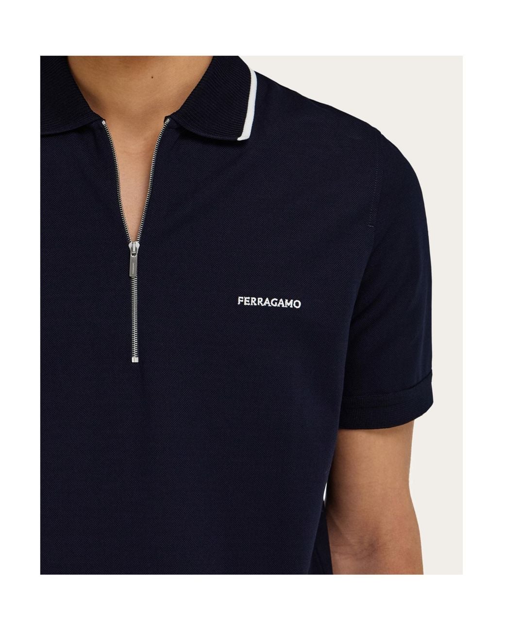 Ferragamo Blue Cotton Polo Shirt With Zip Closure for men