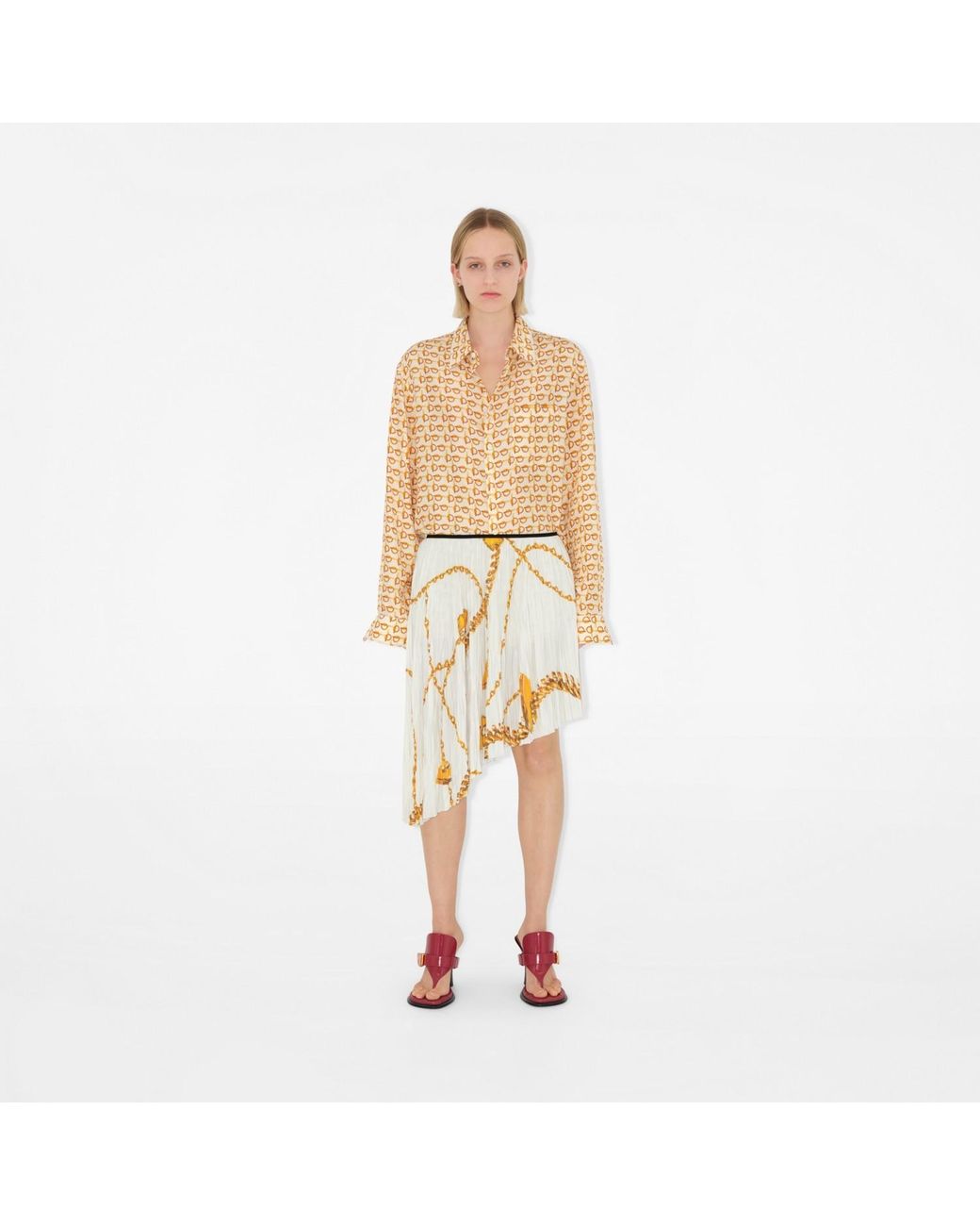Burberry White Chain-Printed Pleated Asymmetric Skirt