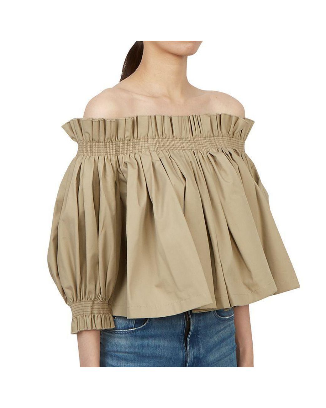 Dior Natural Christian Gathered Puff-Sleeved Cropped Blouse