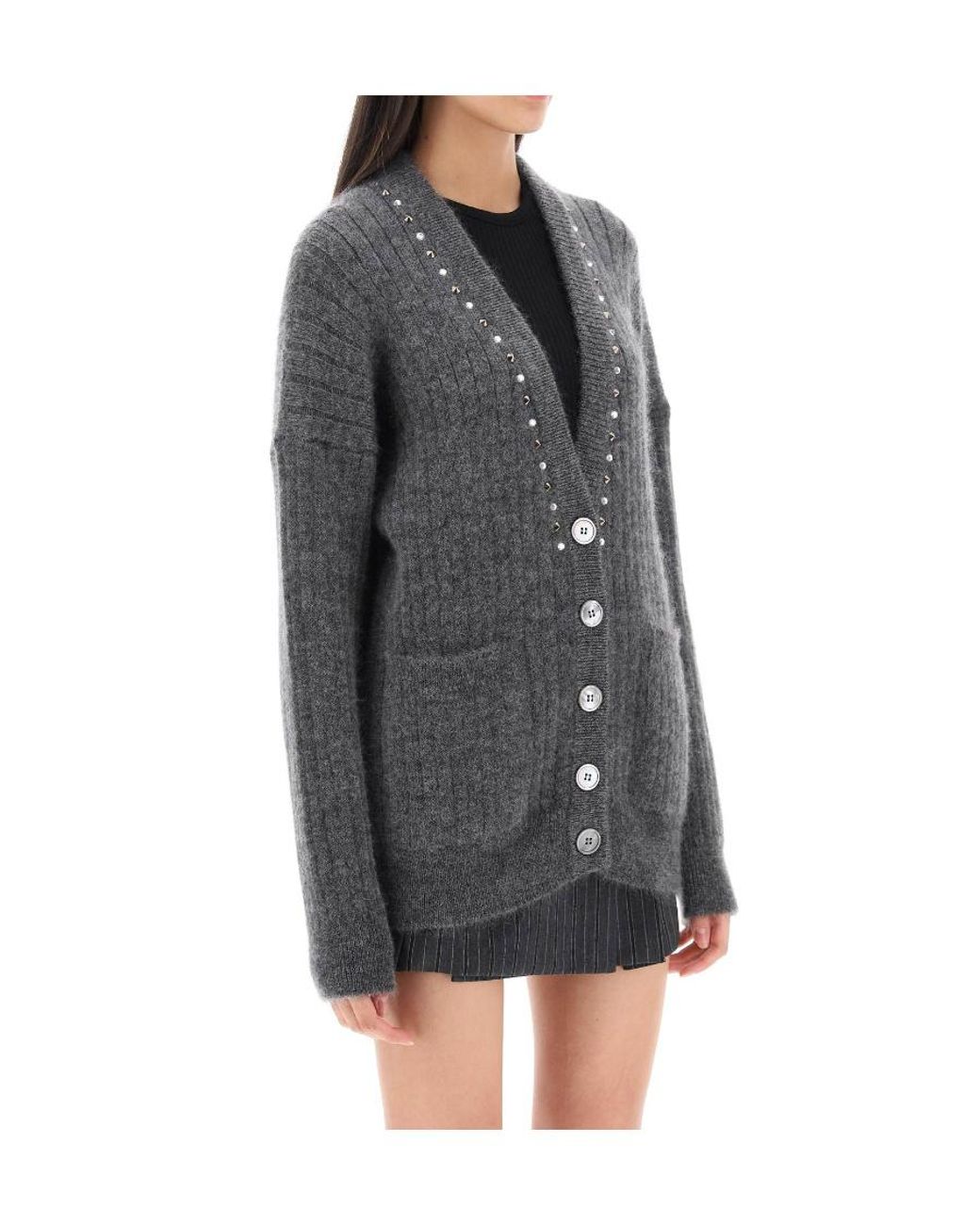 Alessandra Rich Gray Embellished V-Neck Cardigan