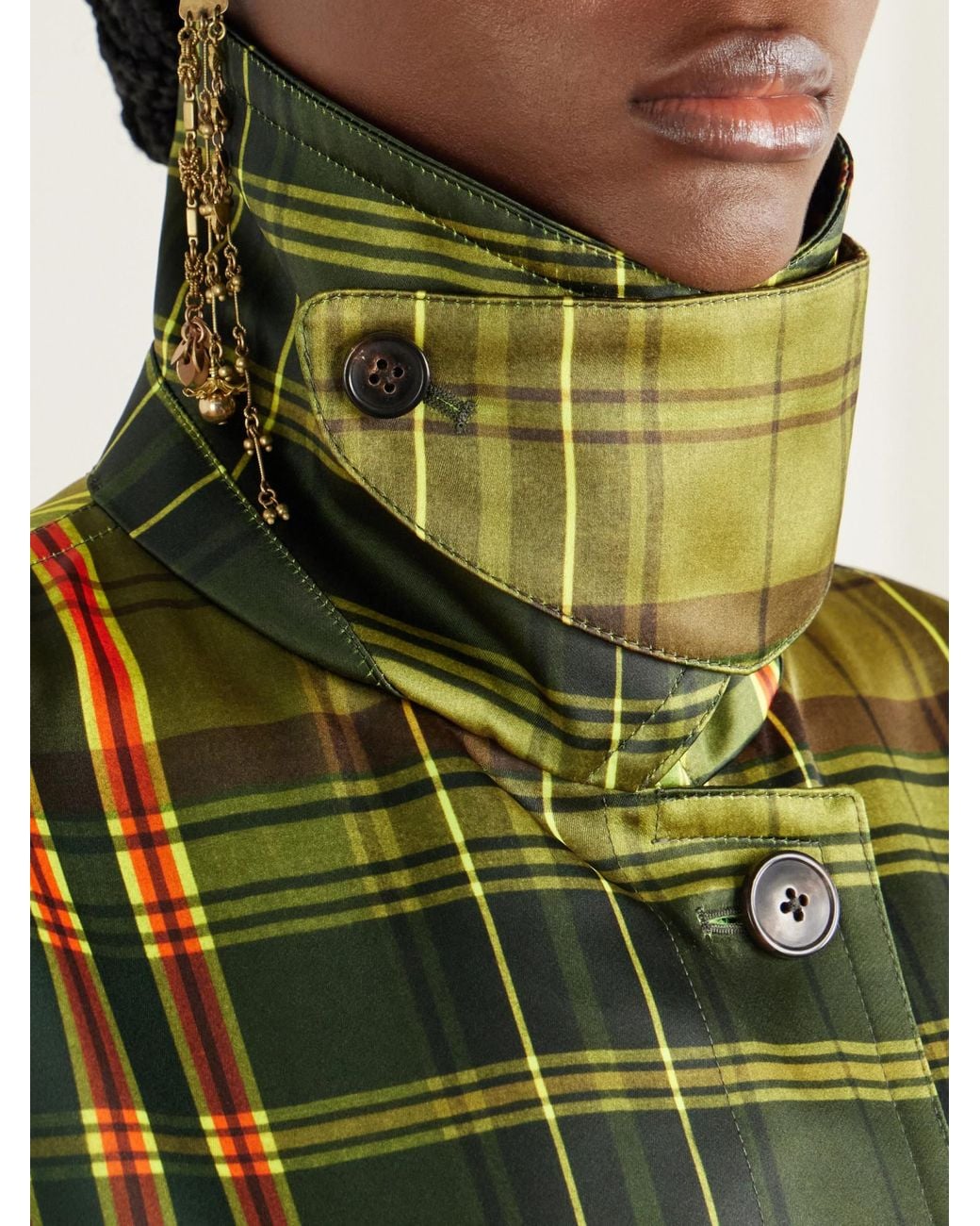 Dries Van Noten Green Belted Checked Duchesse Satin Coat