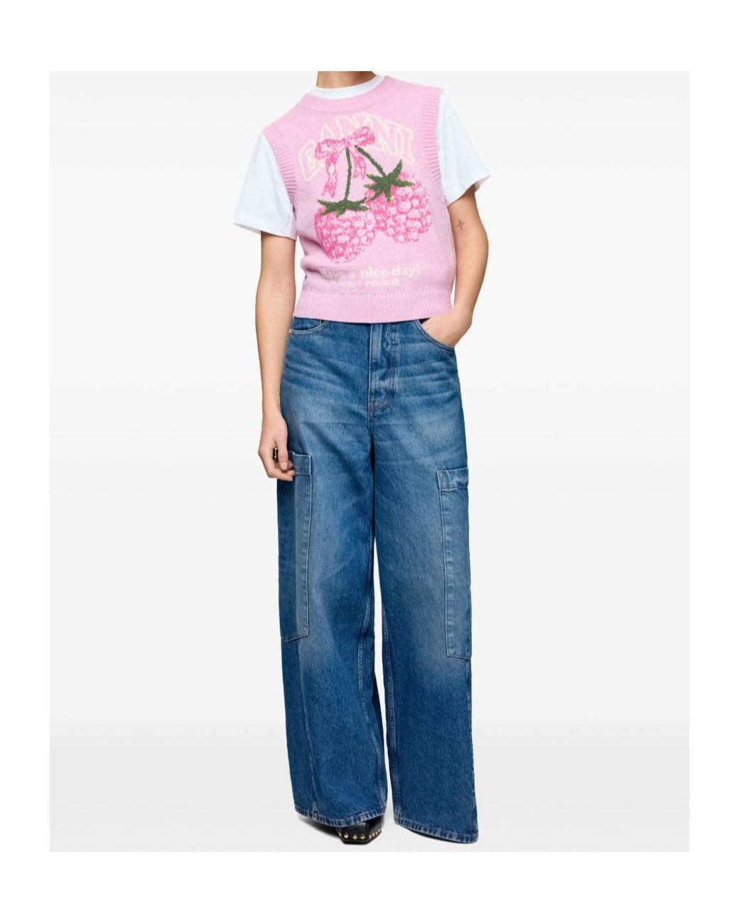 Ganni Pink Graphic Intarsia Knitted Top
