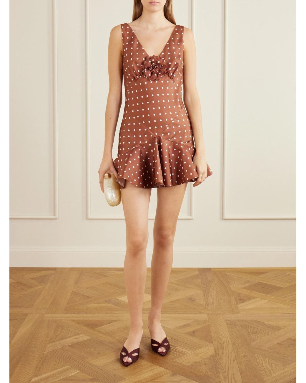 Rodarte Brown Floral-Embellished Polka-Dot Silk-Twill Midi Dress