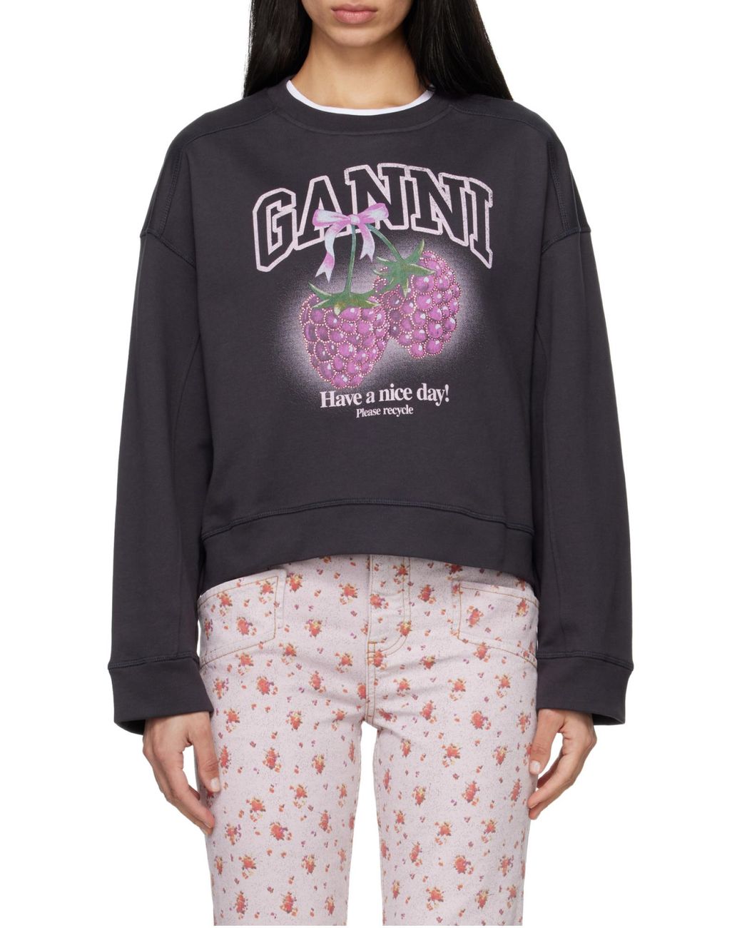 Ganni Black Raspberry-Print Crewneck Sweatshirt