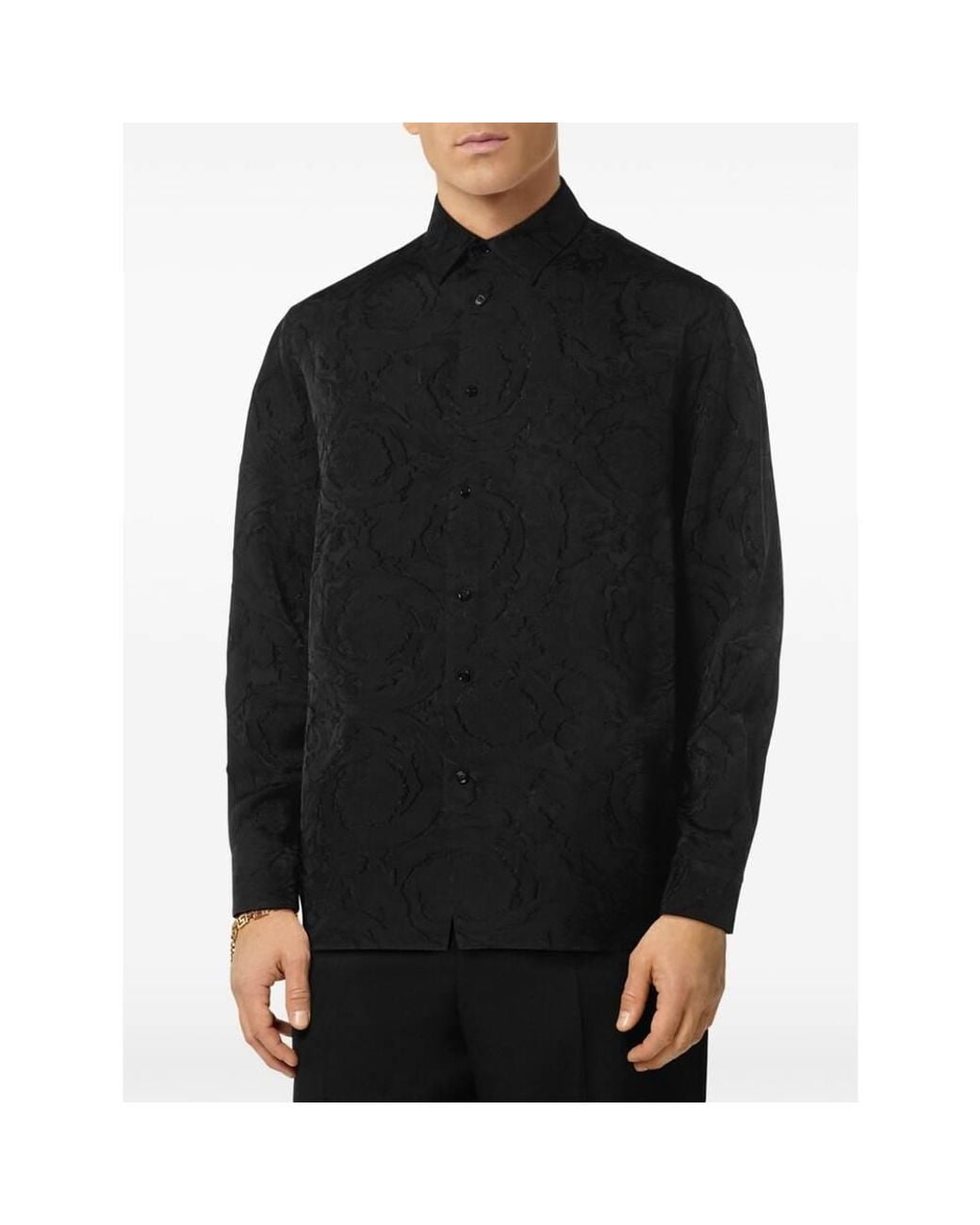 Versace Black Patterned-Jacquard Long-Sleeved Buttoned Shirt for men