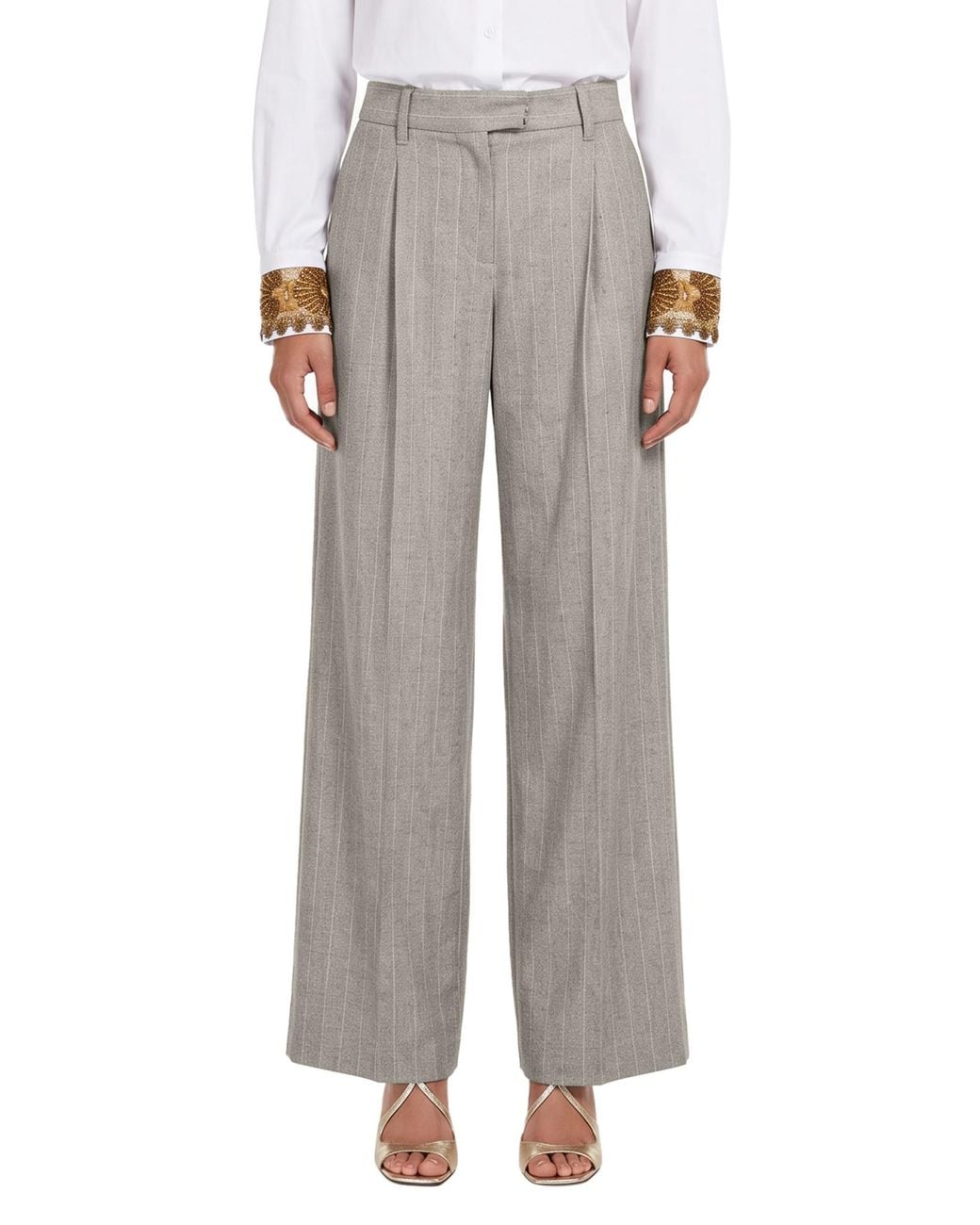Brunello Cucinelli Gray Pinstripe-Pattern Pleated Trousers