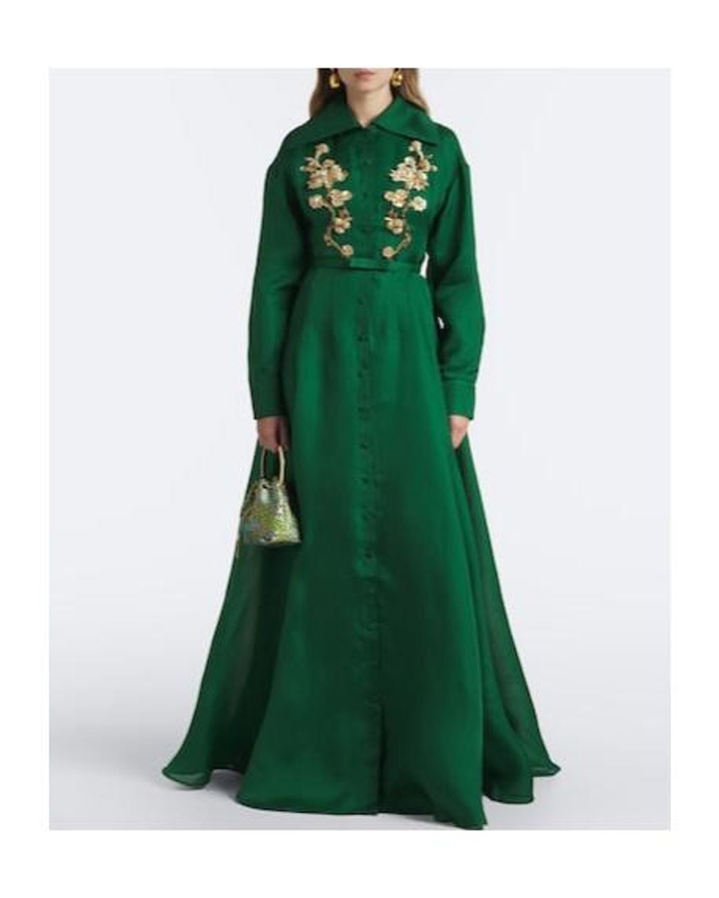 Leo Green Belted Embellished Silk Gown