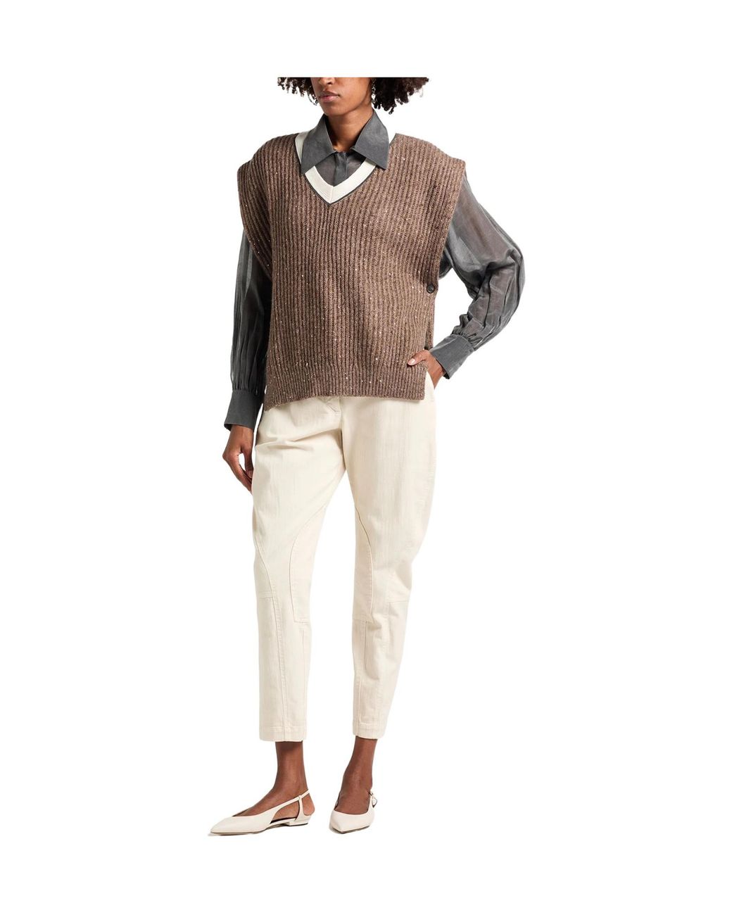 Brunello Cucinelli Brown Vneck Shortsleeve Knit Top