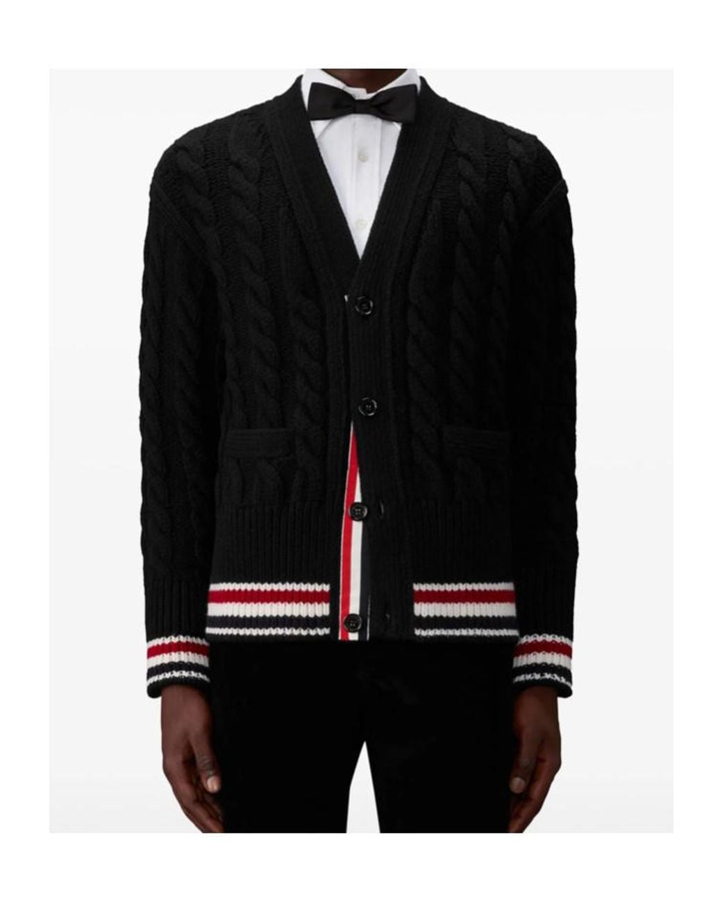 Thom Browne Black V-Neck Stripe-Hem Cardigan for men