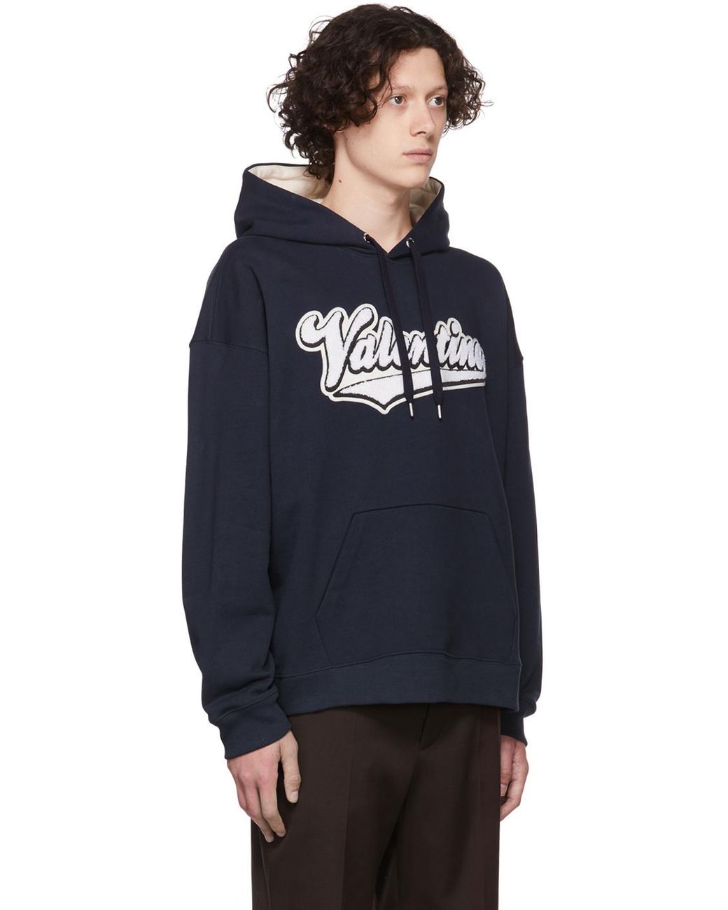 Valentino Blue Logo Flocked Drawstring Hoodie for men