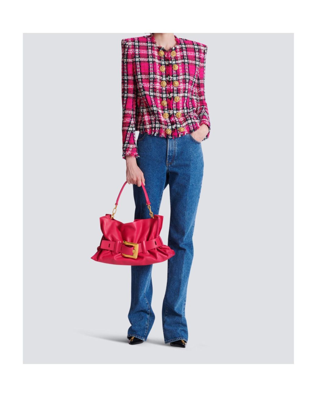 Balmain Pink Glitter Plaid Tweed Cropped Jacket