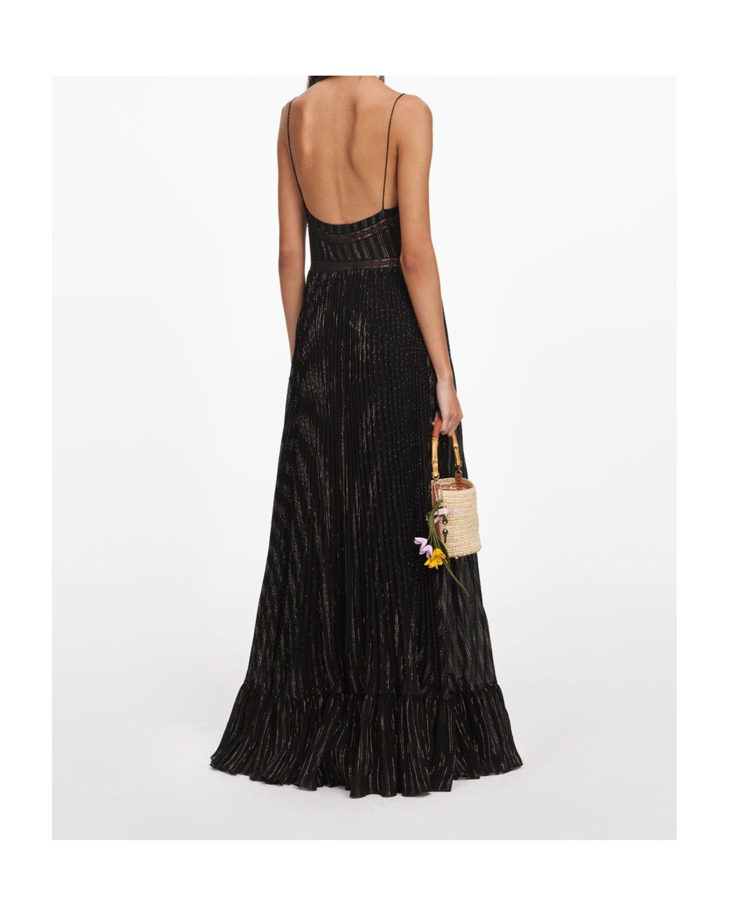 Self-Portrait Black Pleated Lace-Trim Maxi Dress