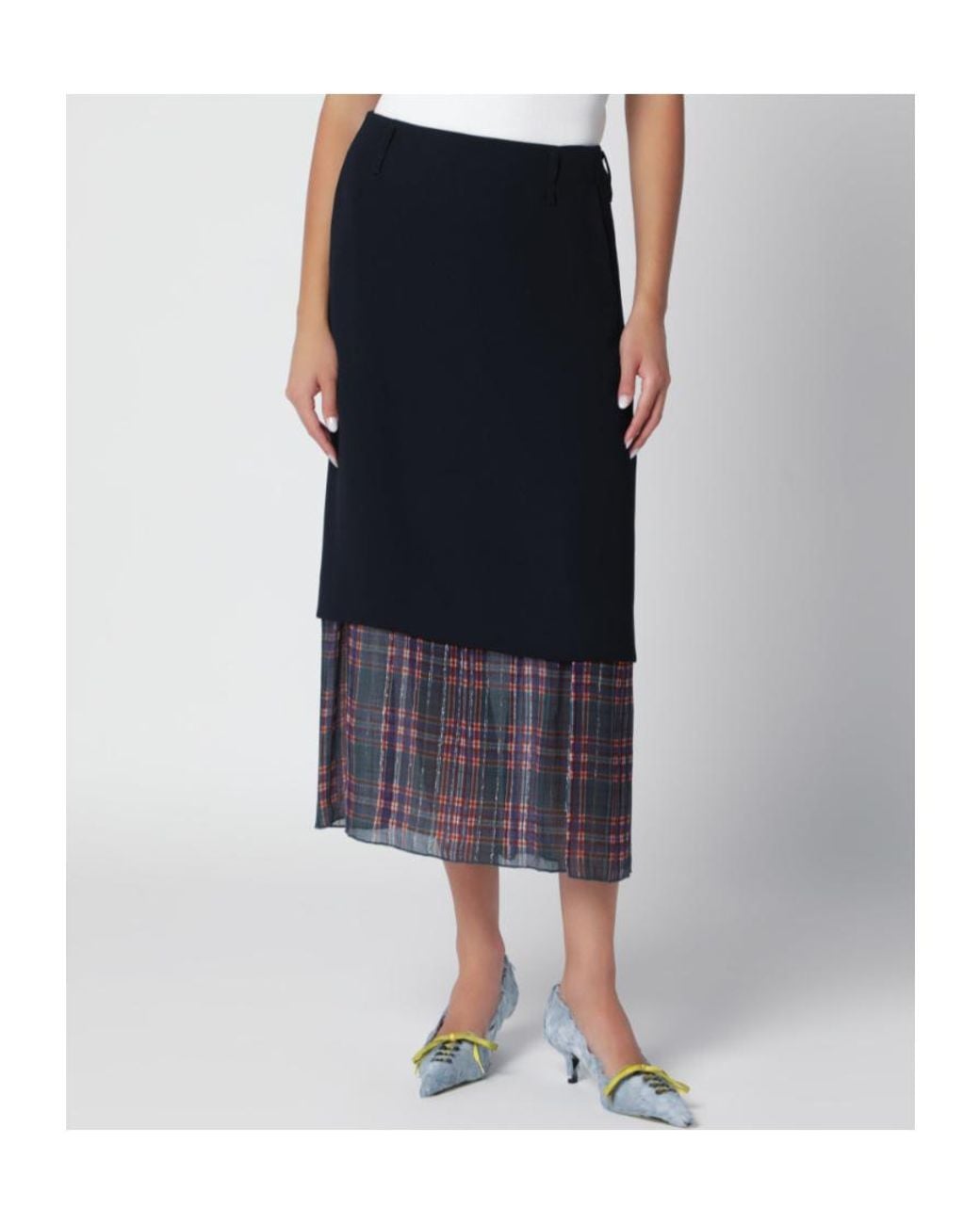 Dries Van Noten Blue Midi Skirt With Check Insert