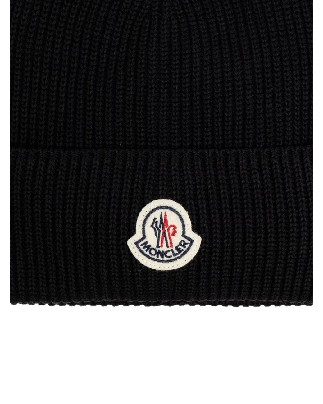 Moncler Black Logo Patch Ribbed Beanie for men