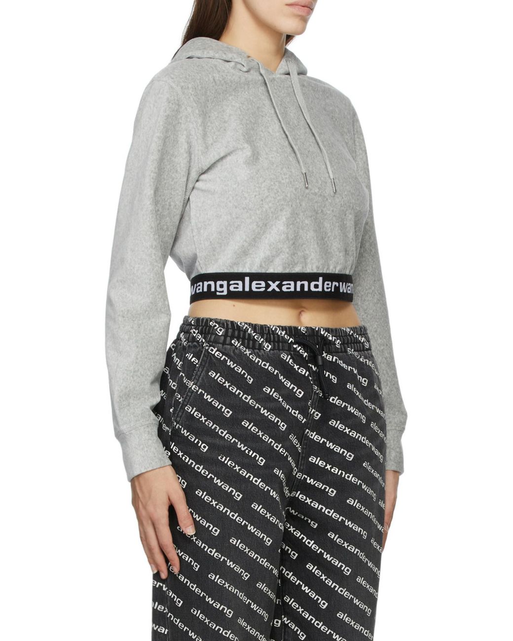 Alexander Wang Gray Elasticated Hem Cropped Hoodie