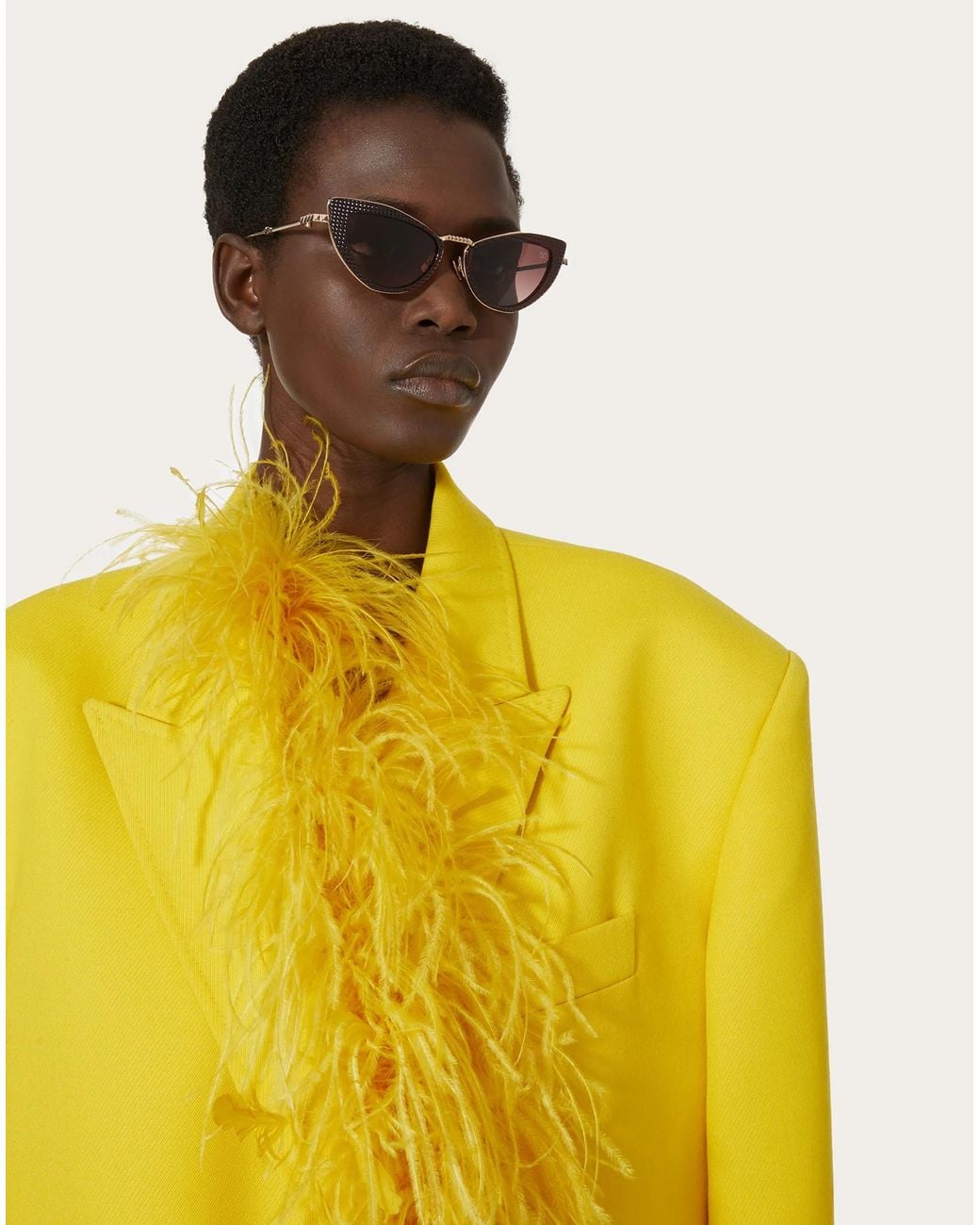 Valentino Yellow Feather-Trim Double-Breasted Wool Coat