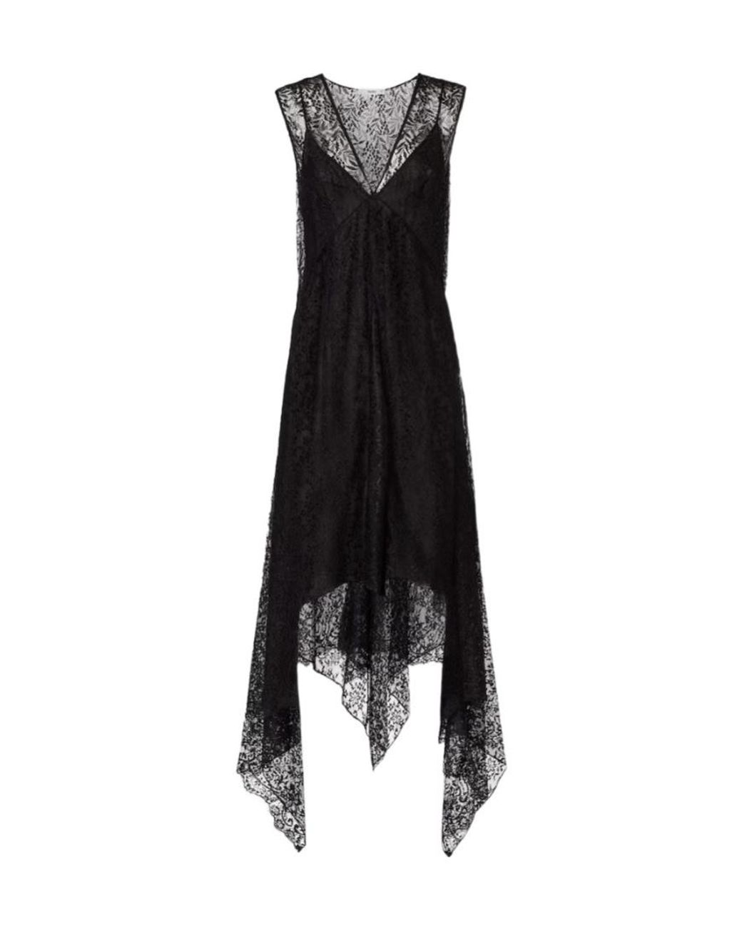 Fendi Black Asymmetric Lace Detailed Midi Dress
