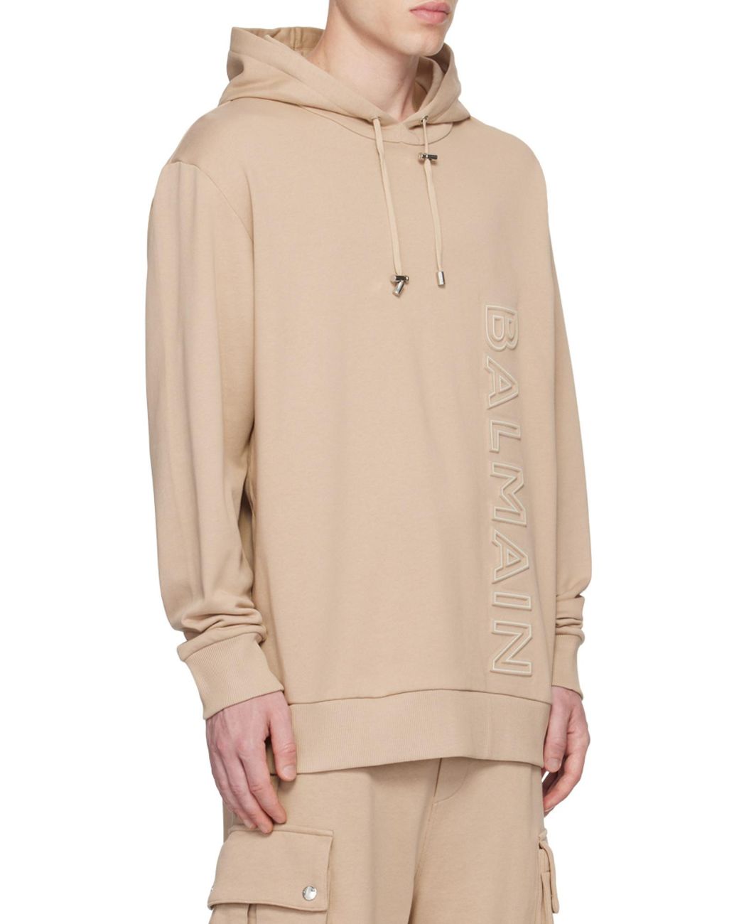 Balmain Natural Logo Embossed Drawstring Hoodie for men