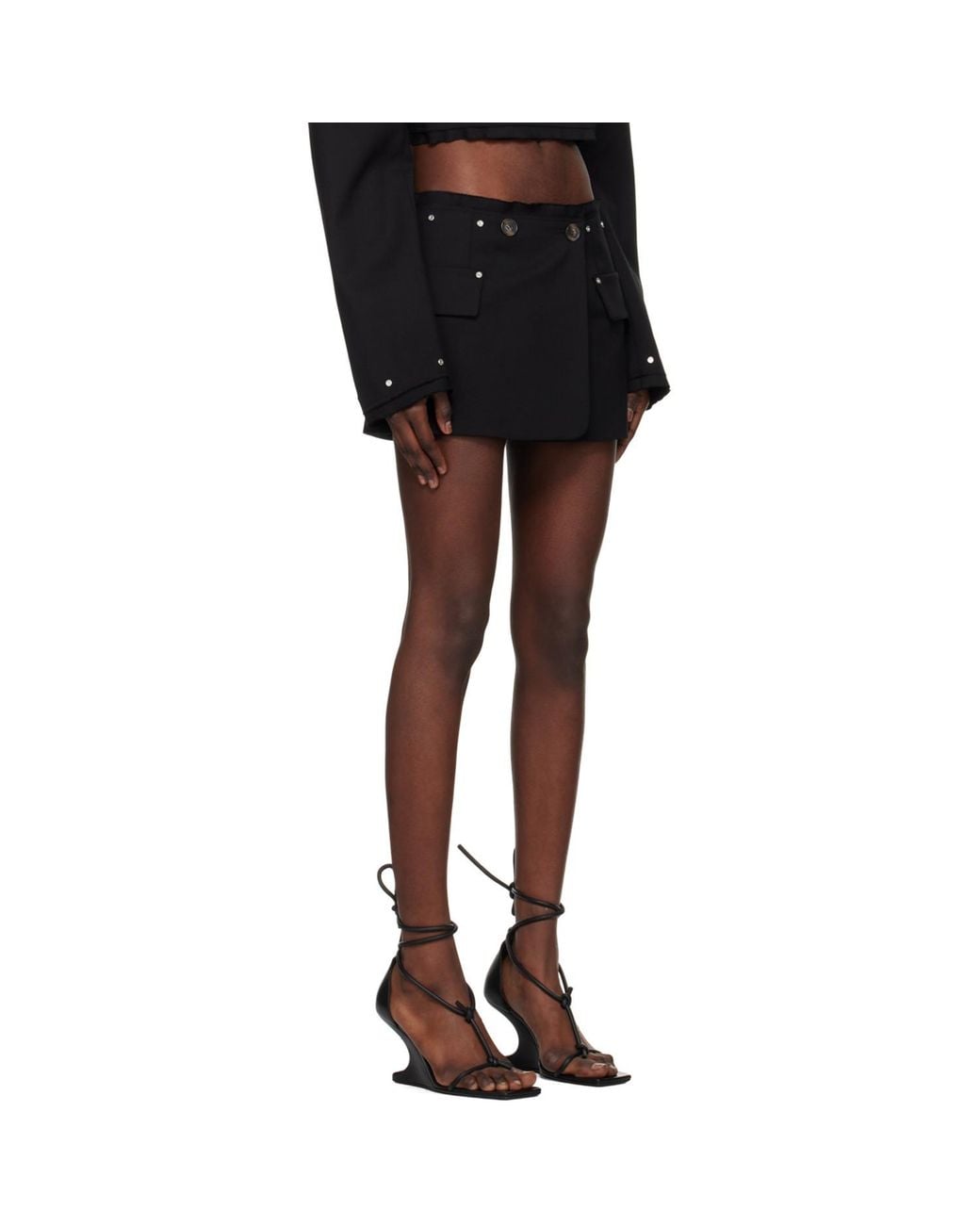 Dion Lee Black Wrap-Effect Embellished Frayed Wool-Blend Mini Skirt